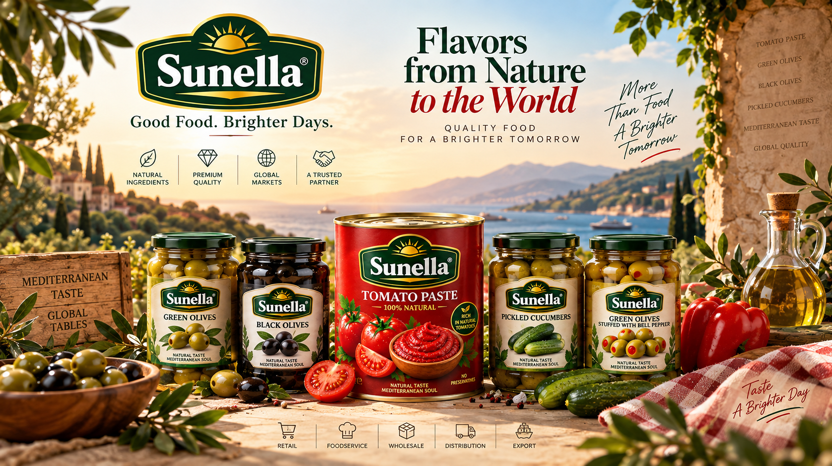 Sunella Food products including tomato paste olives and pickled vegetables