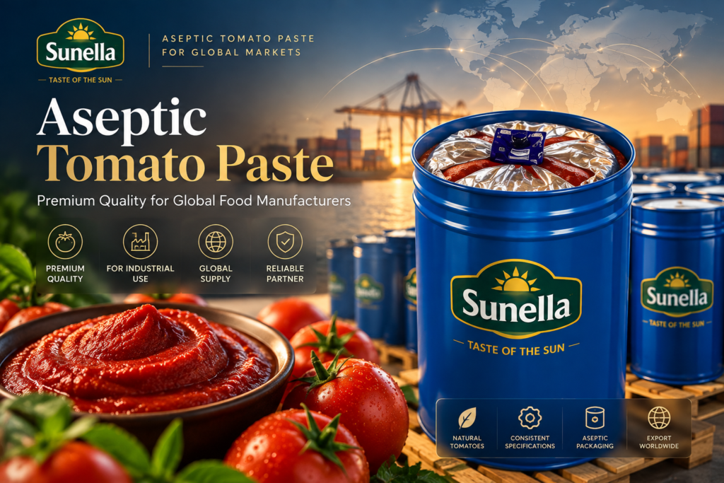 Sunella aseptic tomato paste in bulk drums for industrial food manufacturers and global B2B supply