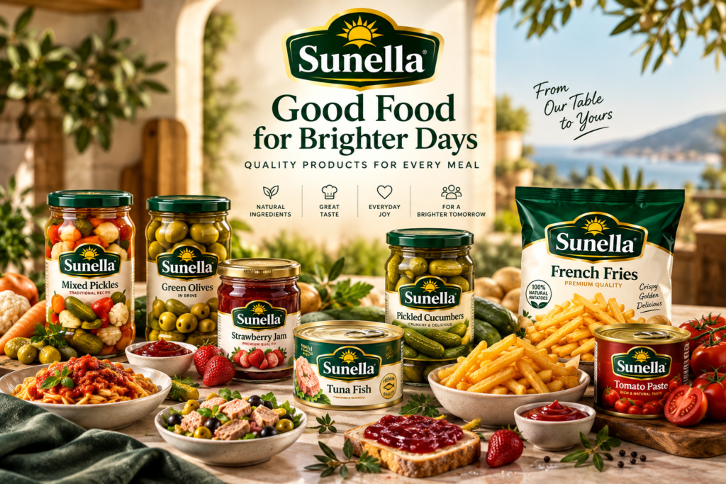 Sunella Food products including tomato paste, green olives, pickles, strawberry jam, tuna fish and French fries