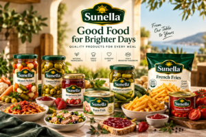 Sunella Food products including tomato paste, green olives, pickles, strawberry jam, tuna fish and French fries