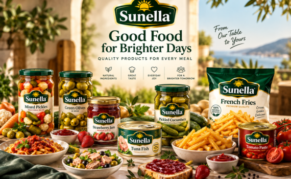Sunella Food products including tomato paste, green olives, pickles, strawberry jam, tuna fish and French fries