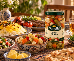 Iranian pickles supplier featuring Sunella mixed pickles with Persian rice, kebab and traditional dishes