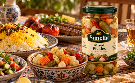 Iranian pickles supplier featuring Sunella mixed pickles with Persian rice, kebab and traditional dishes